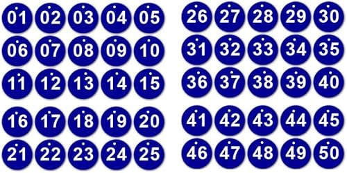 Etiquetas de números del 1 al 50, etiquetas numeradas redondas de 1.378 in, etiquetas pequeñas de plástico azul oscuro, 50 llaveros numerados para