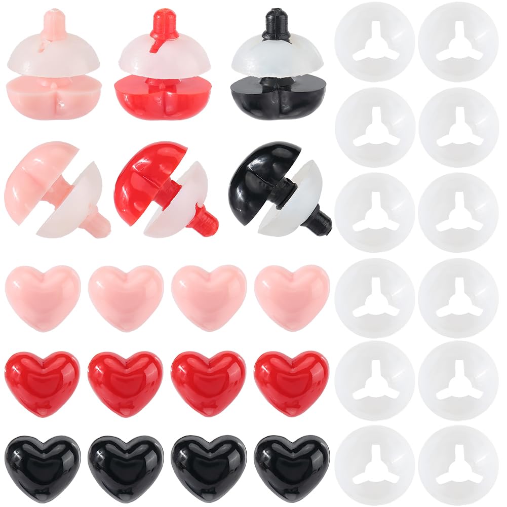 GORGECRAFT 60Pcs 3 Colors Stuffed Animal Safety Eyes 0.71" Black Red Pink Love Heart Plastic Animal Eyes with Washers Crafts Making Stuffed Doll Eyes