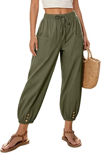WROLEM Women Capri Pants Casual Drawstring Elastic High Waist Baggy Wide Leg Cropped Pants Trousers for Ladies Summer