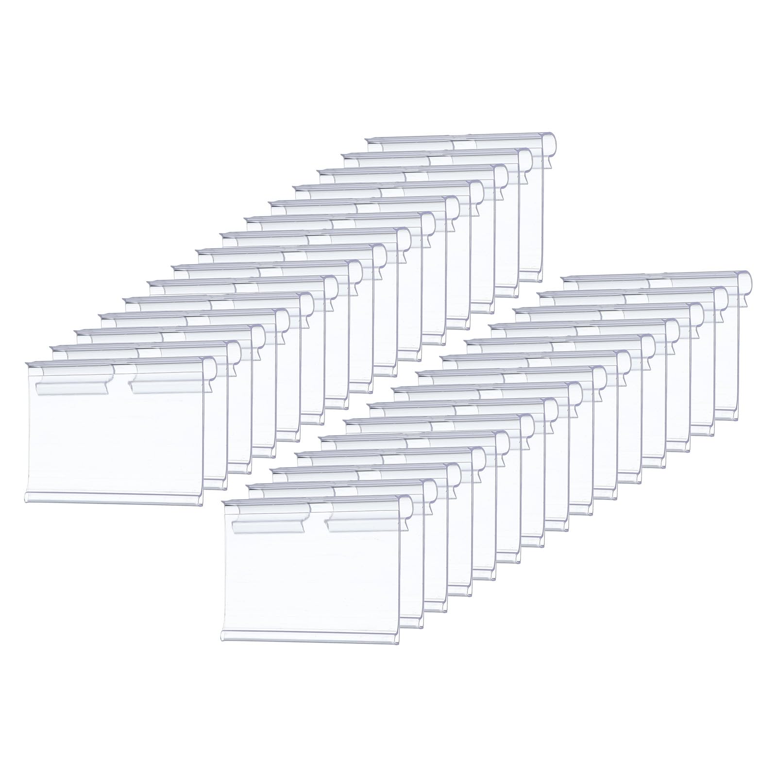 sourcing map Plastic Wire Shelf Label Holders 2.36"x1.65" Clear Double Hook Price Tag Holder Reusable Shelf Sign Tags with Paper for Storage Market Pack of 30