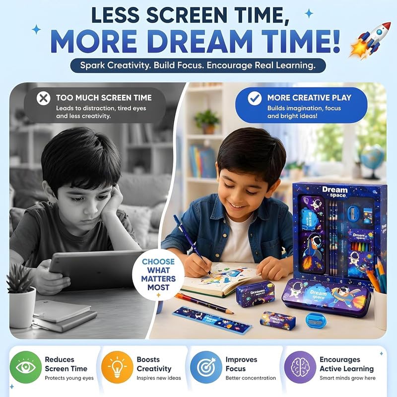 Image of Kids Stationery Set for Boys & Girls | 12-Piece School Supplies Kit with Pencils, Eraser, Sharpener & Ruler | Learning Gift Set for Kids Age 3-15 Years | Return Gift for Birthday Party