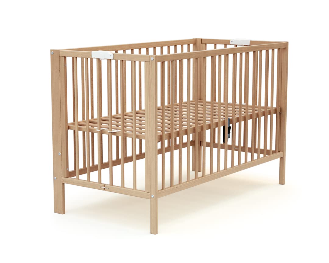 AT4 - Lit bébé Pliant 60x120 Essentiel Hêtre Verni | 124 x 64 x 82 cm | Lit Pliable | Sommier réglable 2 Niveaux intégré au lit (Beige, Lit bébé)