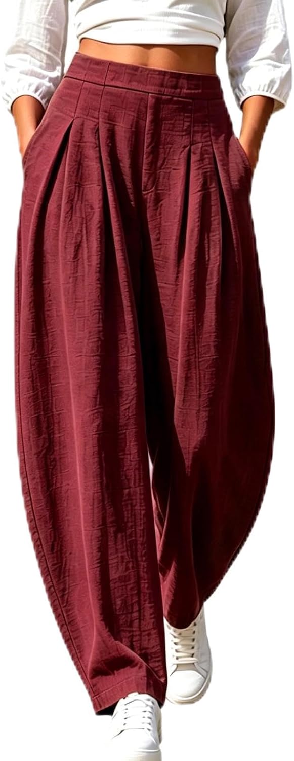 Womens Harem Pants Elastic Waist Wide Leg Palazzo Pant High Waisted Balloon Trouser Dressy Pants with Pockets