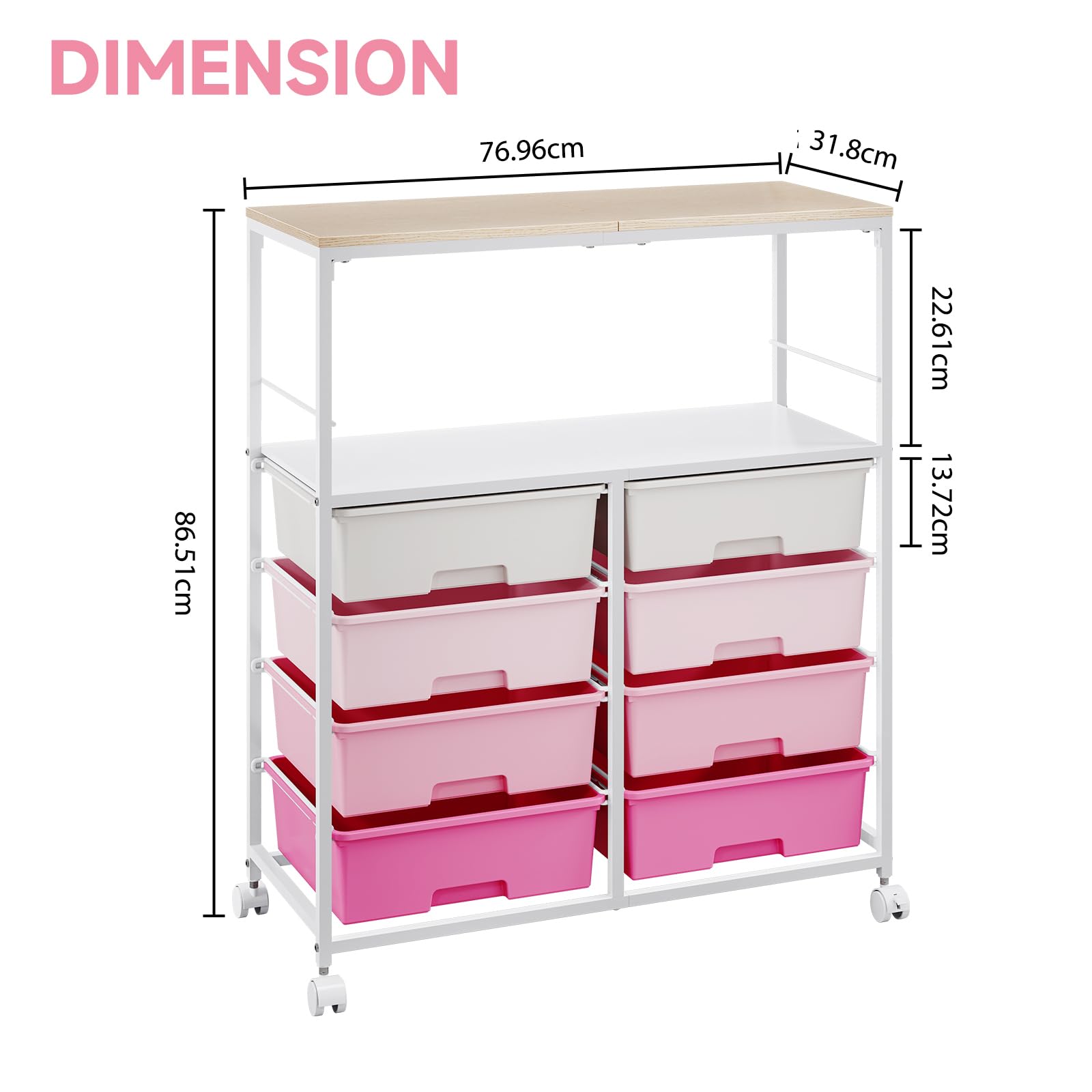 KINGRACK Rollwagen mit 8 Schubladen und Rollen, mit Offenen Regalen und Feststellbaren Rädern – Ideal für Büros, Bastelräume oder Klassenzimmer (Rosa)