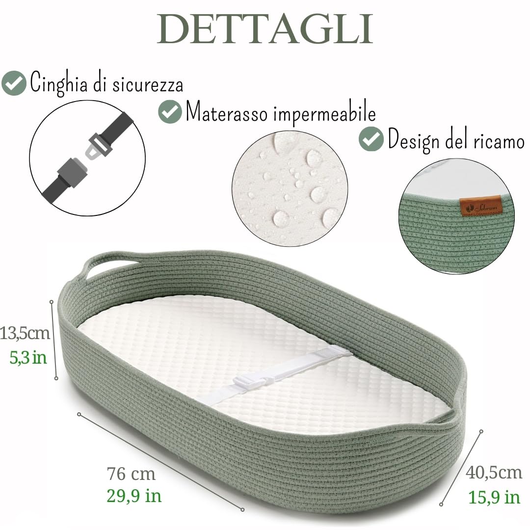 Cesta Fasciatoio per Neonati – Cestino Portatile con Materasso Impermeabile – Fasciatoio da Tavolo o da Viaggio – Moses Cestino per Comò – Design Verde Decorazione Stanza Bambino (Verde)
