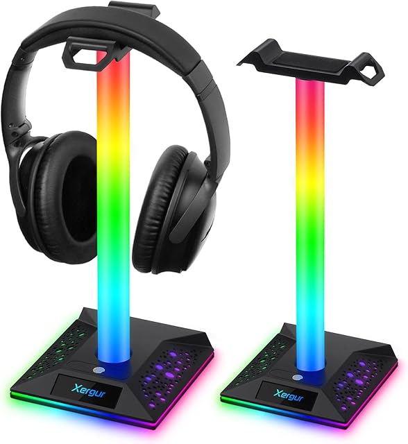 Xergur RGB Gaming Headphone Stand - Headset Stand with 3.5mm AUX and 2 USB Ports, Headset Holder Hanger Base for Gamers Desktop Table Game Earphone Accessories