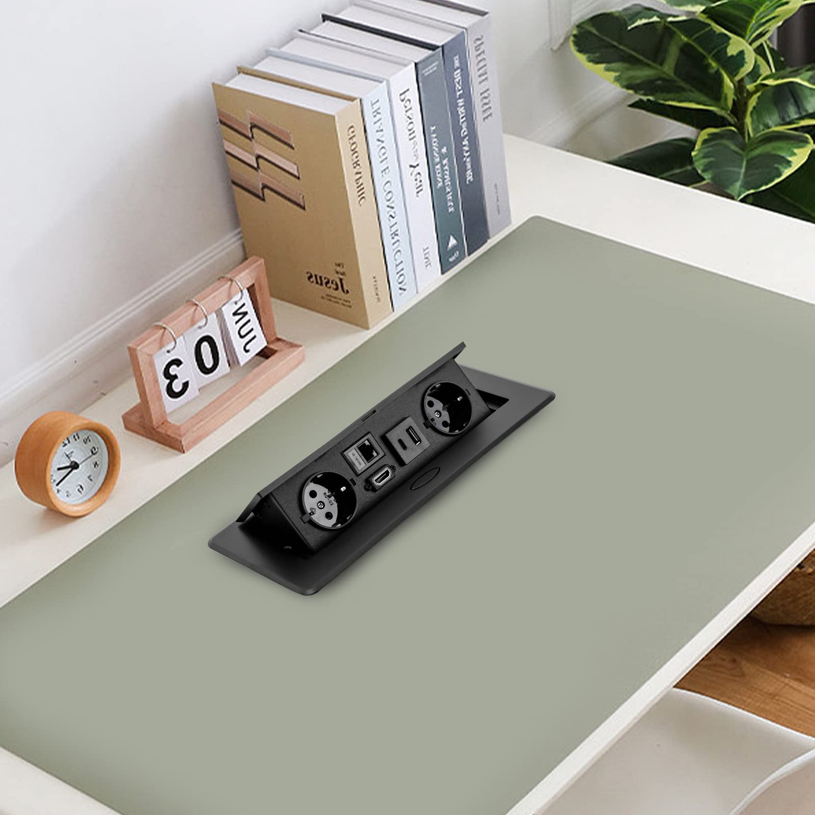 Prise encastrable - Prise de table - Prise de table - Prise cachée - Plateau de table - Boîte de sol pop-up avec 2 chargeurs LAN HDMI EU et USB type 5 V 3 A - CA 250 V 16 A (noir)