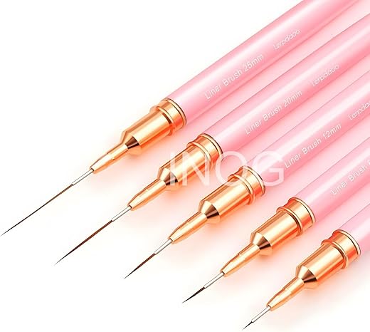 INOG Nail Art Liner Brushes, 5Pcs Painting Nail Art Brush Set Nail Dotting Drawing Tool for Long Lines, Thin Details, Fine Drawing Sizes 4/8/12/20/25mm(Pink)
