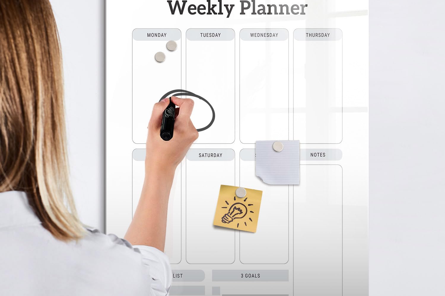 Pizarra de vidrio templado magnetizable | Con imanes poderosos, rotulador y borrador | Perfecta para organizar proyectos y notas de trabajo - 60x90 - Planificador semanal