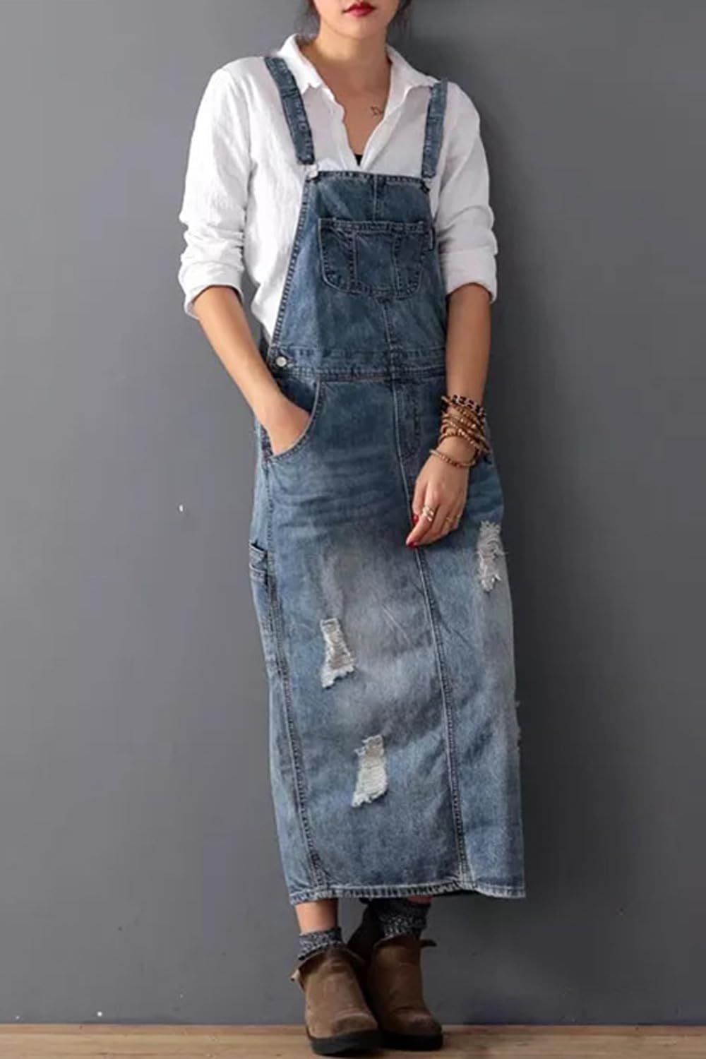 Yoeasy Women's Distressed Denim Overall Dress - Adjustable Strap Pinafore A-Line Mid Long Jean Bib - Image 2