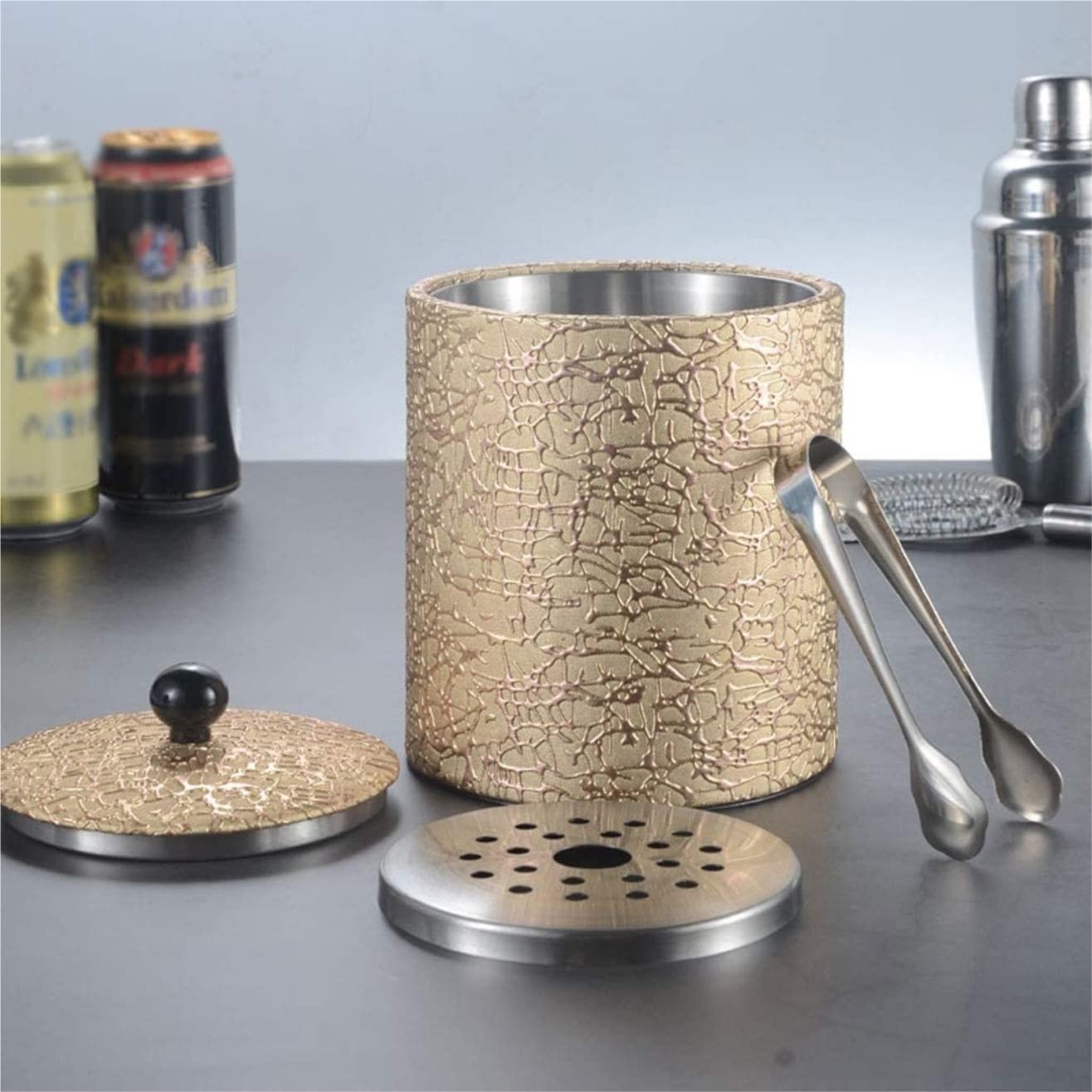 Tragbarer Edelstahl-Eiskübel mit Deckel und Filter, isolierter Weinkühler für Partys und Outdoor, Champagnereimer, 18,5 x 14 cm