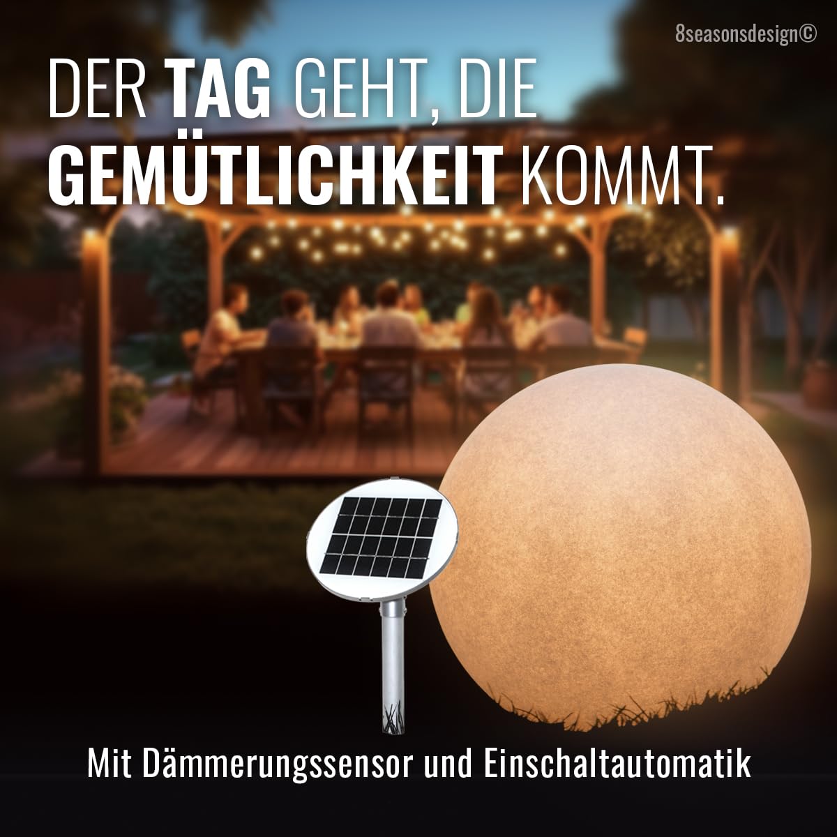 Light Life 8 seasons design Solar Kugelleuchte 30 cm Shining Globe (anthrazit) LED warmweiß, Dämmerungssensor – wetterfest – große Solarlampe für außen (Garten, Terrasse, Balkon) – robust & langlebig