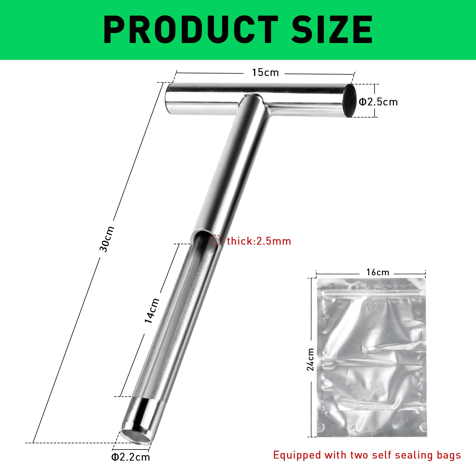Sonda suelo 30 cm acero inoxidable 2.5 mm - Muestreador en T con 2 bolsas reutilizables para jardín, granja, césped