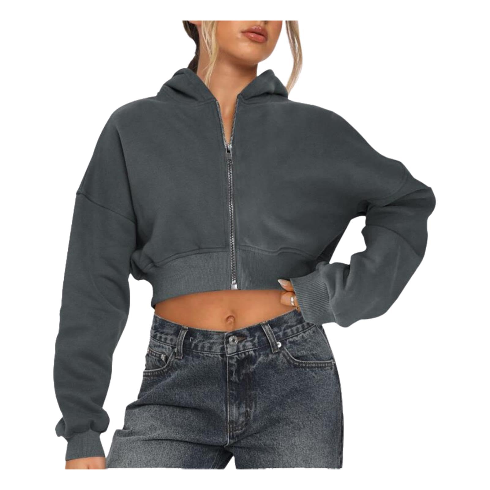 Zip Up Cropped Sudadera de Las Mujeres Manga Larga Color sólido Suelto Cuello Redondo Escotado Jersey con Capucha Chaqueta de Ropa Exterior,Gris,M