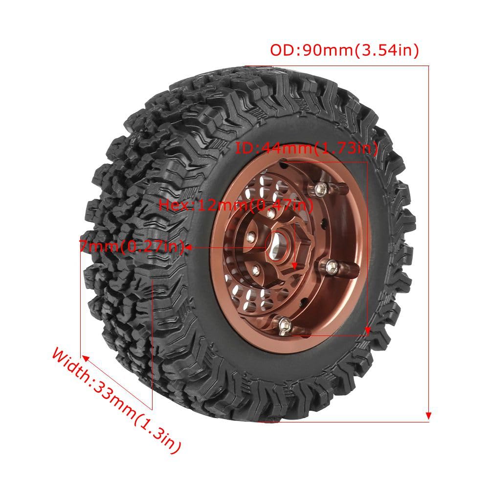 KINGCOO 4PCS 1,9" Beadlock Räder Felgennabe Offset-10mm Aluminium Metall und 90MM Gummireife für 1/10 RC Rock Crawler Auto für Axial SCX10 TRX4 TRX6 D90 TF2 MN UTB18 Upgrade Zubehör (Bronze)