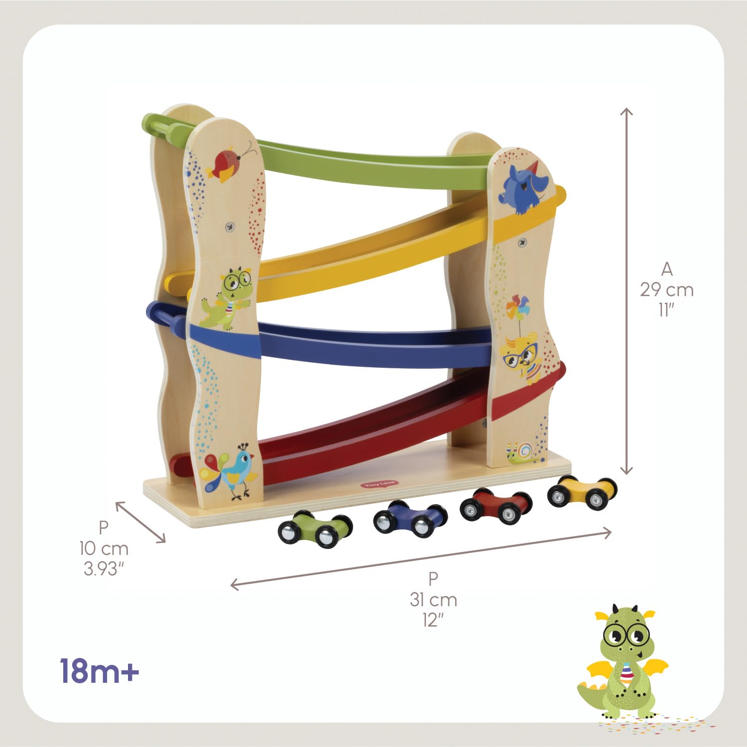 Tiny Love Pista Macchinine Legno, Piste Macchinine per Bambini con 4 Macchinine in Legno, Capacità Motorie Fini, Sviluppo Cognitivo, Design Naturale, 18+ Mesi, Collezione Born To Party