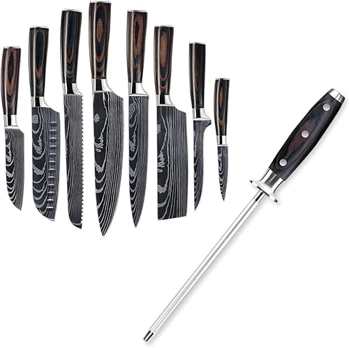 Miniatura 1 de SENKEN - Juego de cuchillos de cocina japoneses de 9 piezas, colección Imperial con acero de afilado imperial a juego