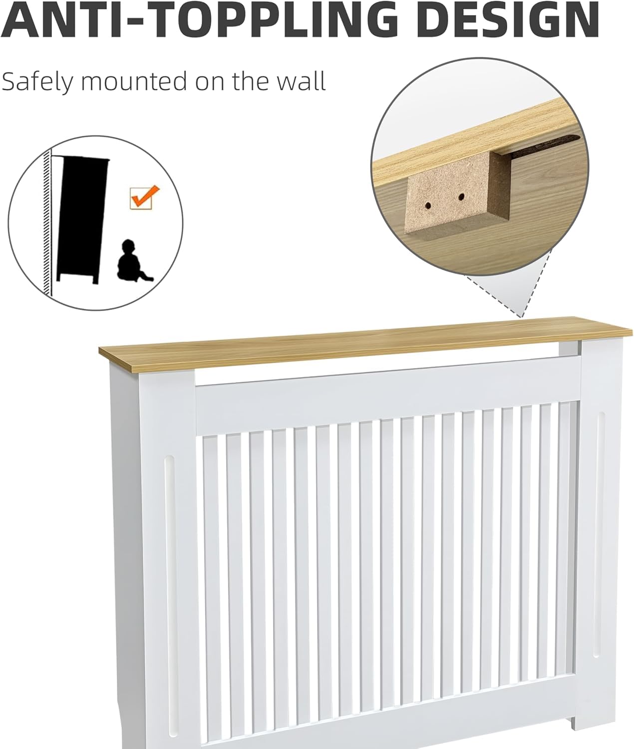 FATIVO Cache Radiateur en Bois Blanc Couverture Moderne avec Lattes et Étagère Supérieure Armoire Design pour Salon Chambre Bureau - 71x18x90.5cm
