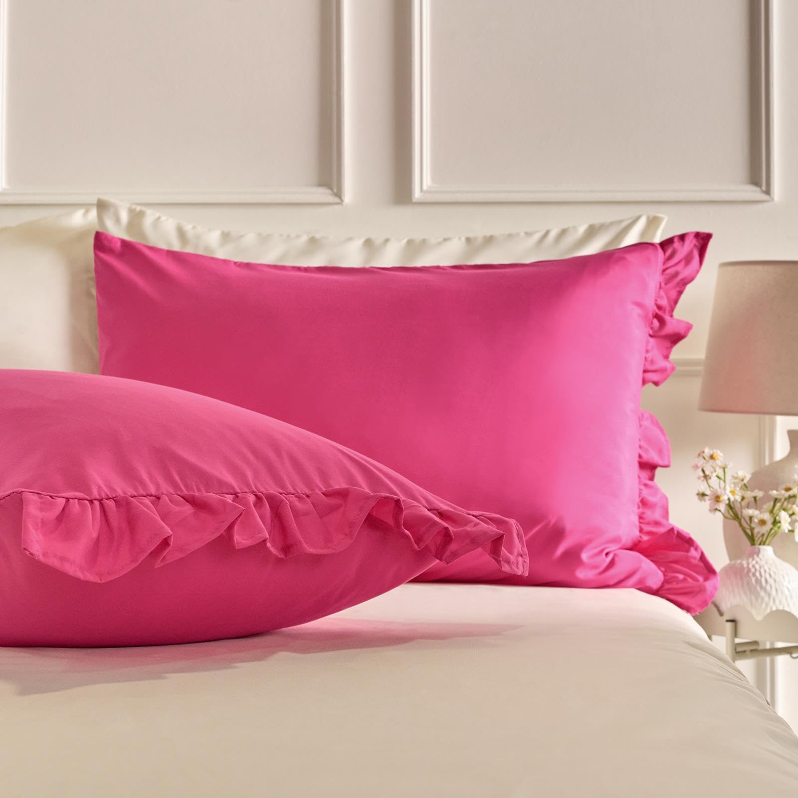 Ohs Hot Pink Bedding Pillow Cases 2 Pack, Soft Microfibre Pillowcases With Frill Edge Comfy Hotel Quality Wrinkle & Fade Resistant Bed Pillow Cases With Envelope Closure, - 50 X 75Cm