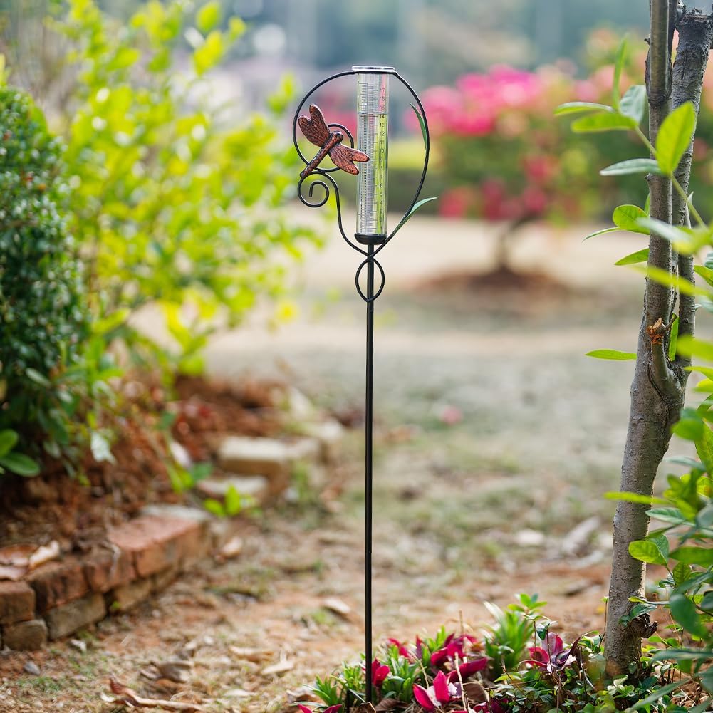 Dragonfly Rain Gauge Outdoor,Metal Rain Gauges Outdoors Best Rated with 7 inch Glass Tube,Decorative Rain Gauge with Garden Stake for Yard
