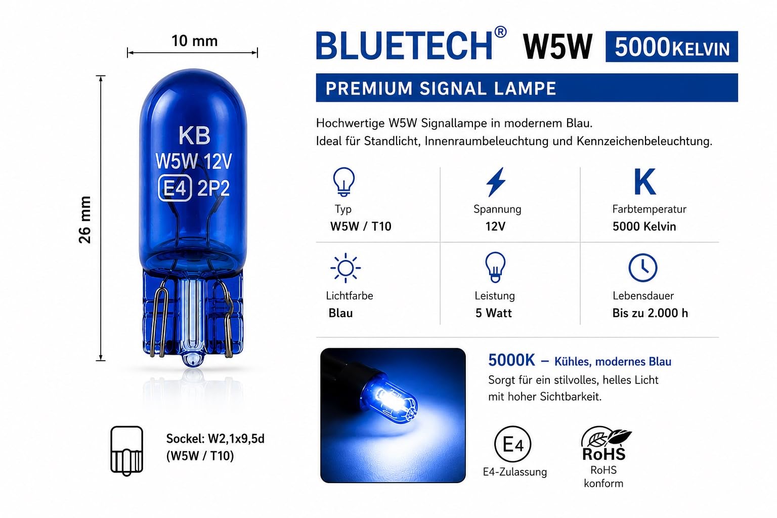 BLUETECH 2szt. światło postojowe, światło pozycyjne, oświetlenie wnętrza, oświetlenie bagażnika, światło postojowe, światło pozycyjne W5W / T10 5W 12V z efektem 5000 Kelvin świateł ksenonowych. Brak