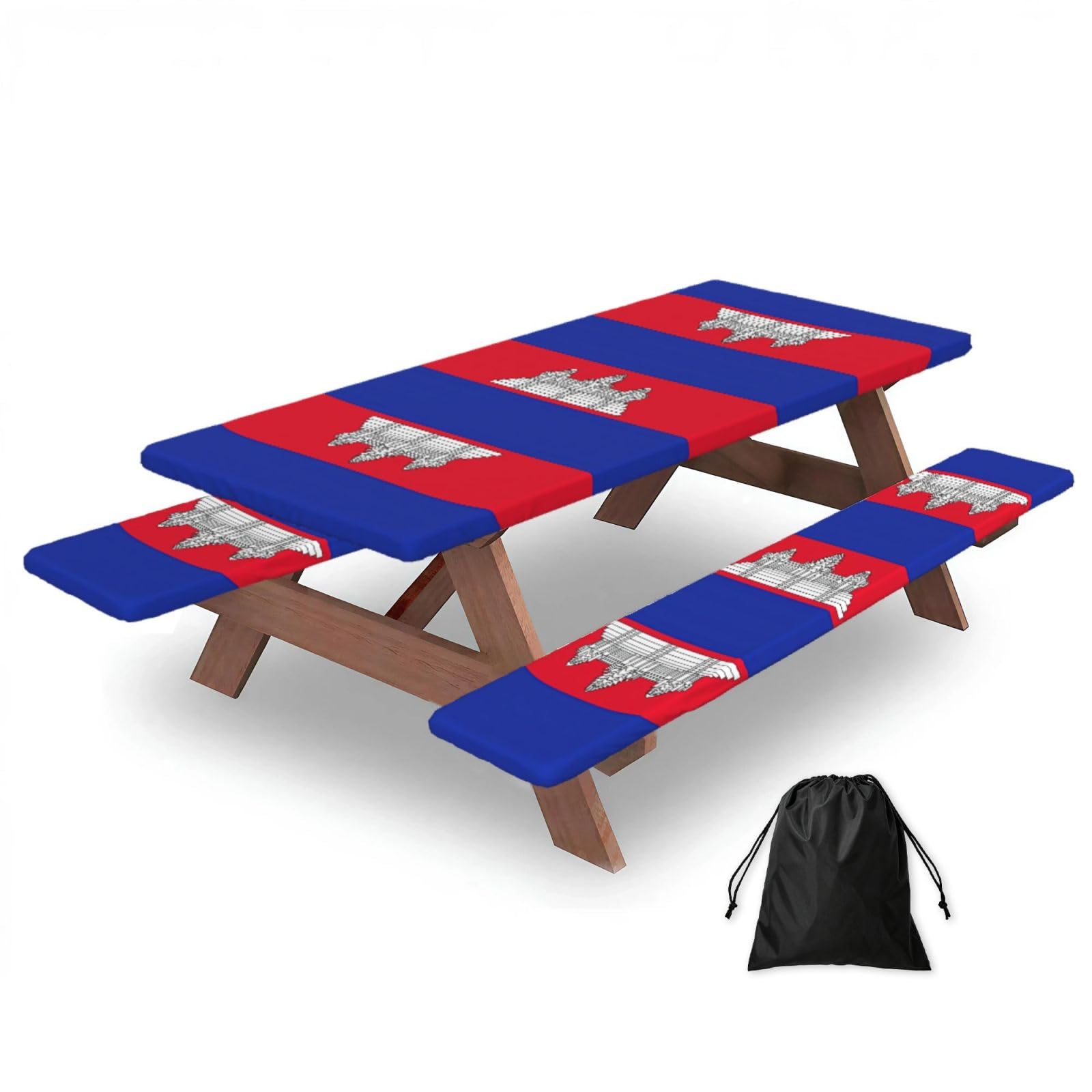 Yqxwjl Black Cambodia Flag Print Camping Essentials Waterproof Camping Table And Bench Cover With Drawstring Bag 183 Cm