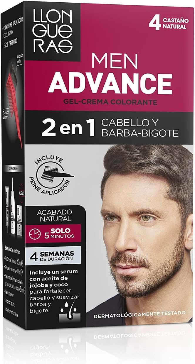 Llongueras – Men Advance, Gel Crema Colorante 2 en 1, para Cabello y Barba-Bigote, con Aceite de Jojoba, Coloración Masculina, Nutre e Hidrata, Acabado Natural en 5 Minutos, Tono 4, Castaño Natural