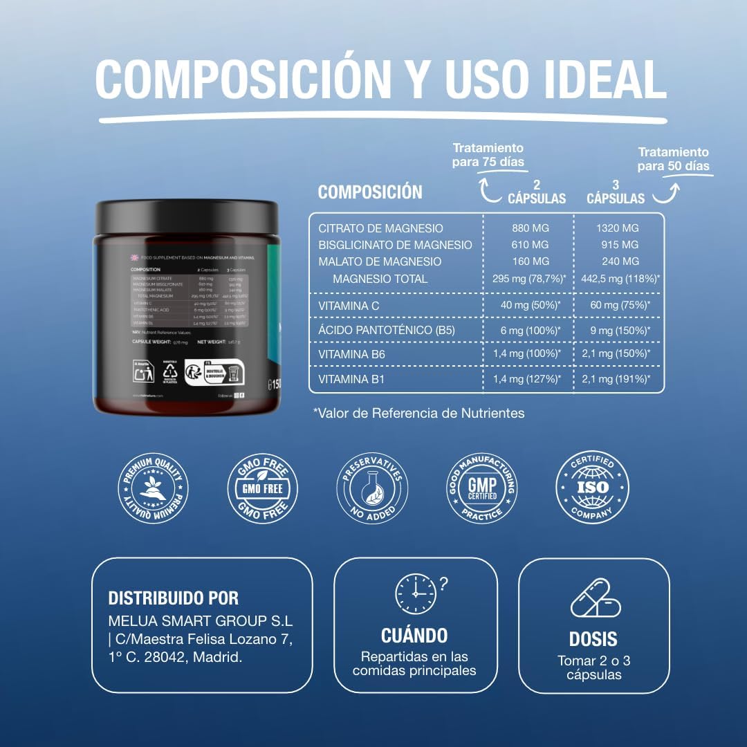 Magnesio Triple – Citrato de magnesio, Bisglicinato y Malato | 442 mg de magnesio elemental por dosis + Vitaminas B1, B5, B6 y C | Antifatiga, Calambres y Recuperación Muscular | 150 cápsulas.