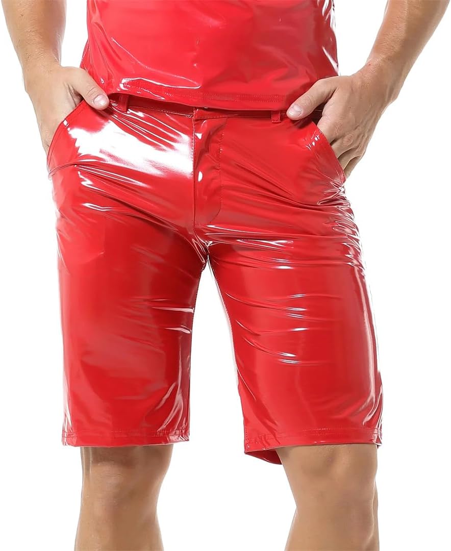 Men PVC Wet Look Leather Boxer Shorts Stage Performance Costume Sexy Slim Men Shiny Leather Night Club Wear Shorts