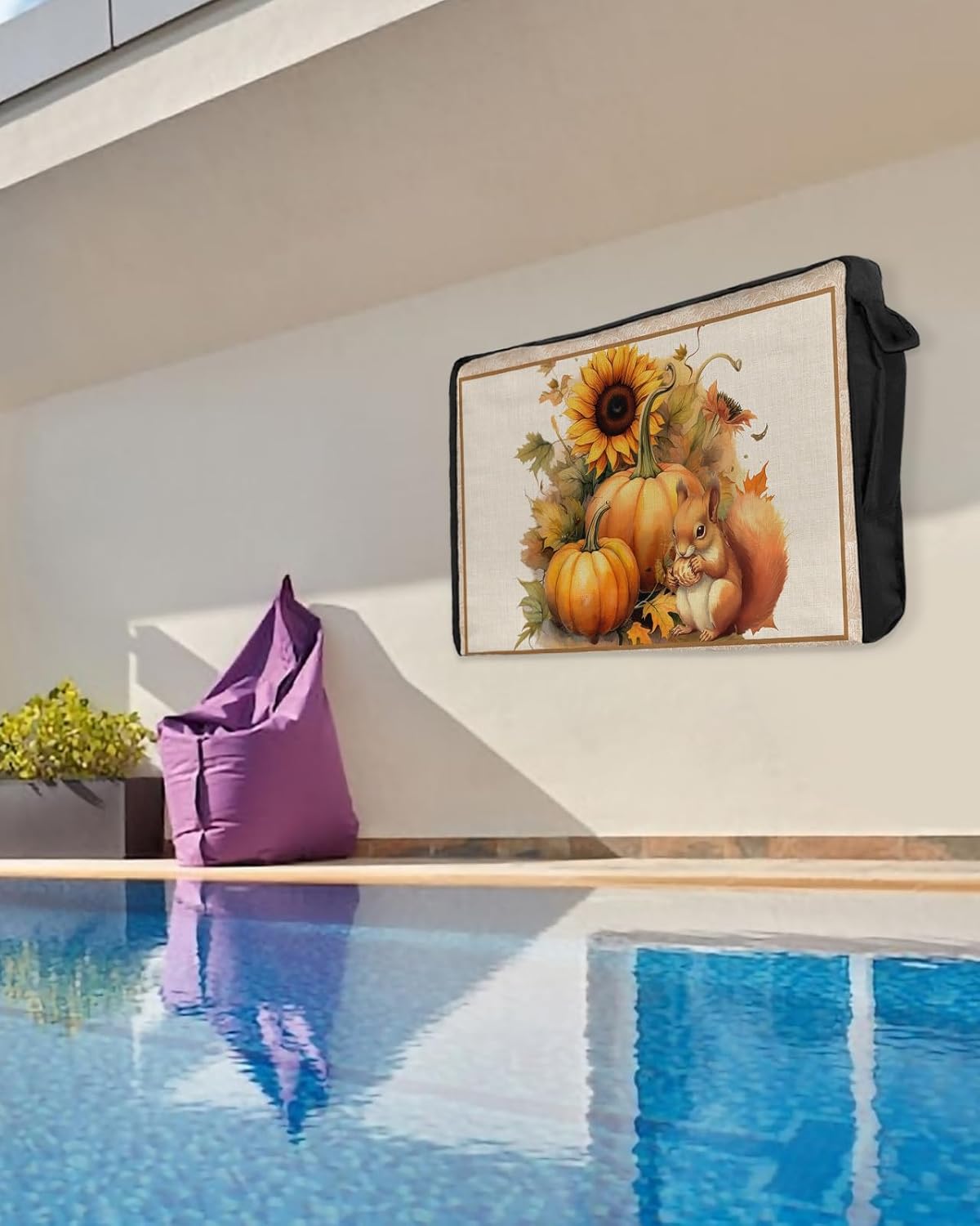 Outdoor TV Cover - Thanksgiving Vintage Pumpkin Squirrel Sunflower Maple Leaves Waterproof and Weatherproof 60"-65" LCD Movable Shield TV Display Screen Protector Outside Television Covers