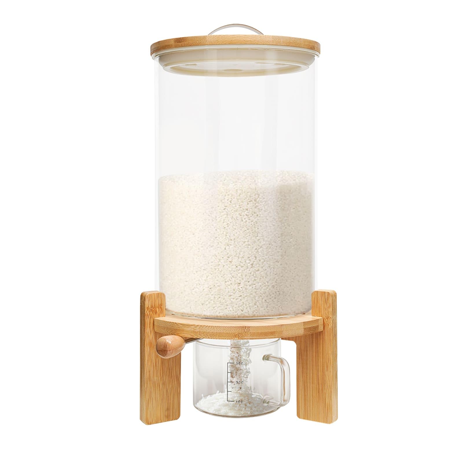 Distributeur de Riz 7,5L, Distributeur de Céréales en Verre, avec Tasse à Mesurer et Couvercle Hermétique, pour Riz, Farine, Noix, Céréale