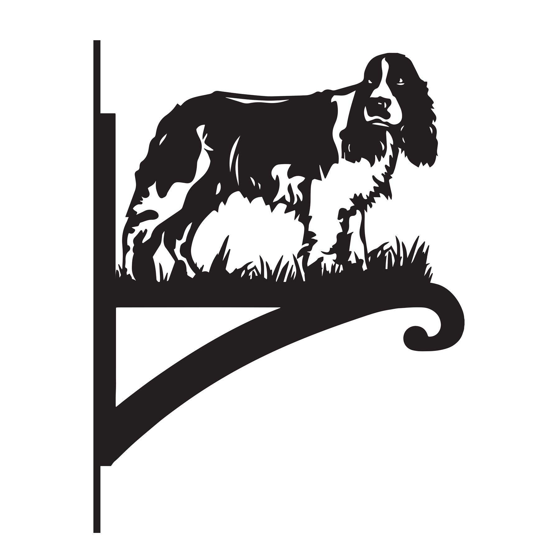 Black Steel English Springer Spaniel Dog Hanging Basket Bracket - Wall Mounted Garden Plant Hook for Outdoor Baskets, Decorative Heavy Duty Garden Wall Hook