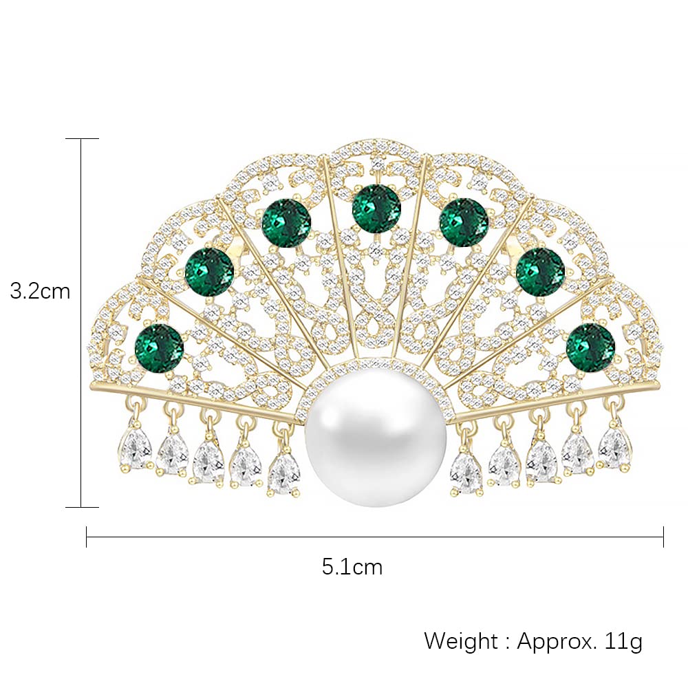 Broches para Mujer, Estilo clásico de Abanico, con circonita cúbica y Perla. Broche de Solapa de Seguridad.