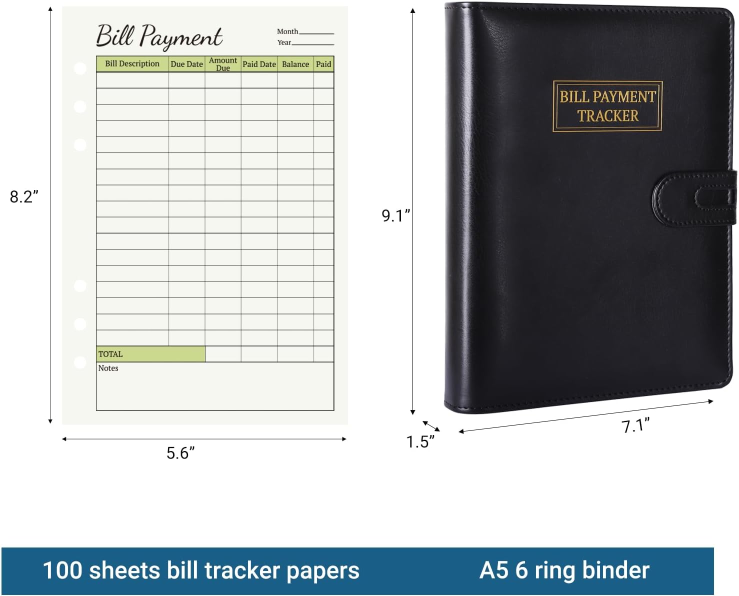 Bill Payment Tracker Notebook, With A5 6 Ring Binder, Refillable | Monthly Bill Tracker Notebook, With Pockets and Tabs, For Senior Home Office thumbnail