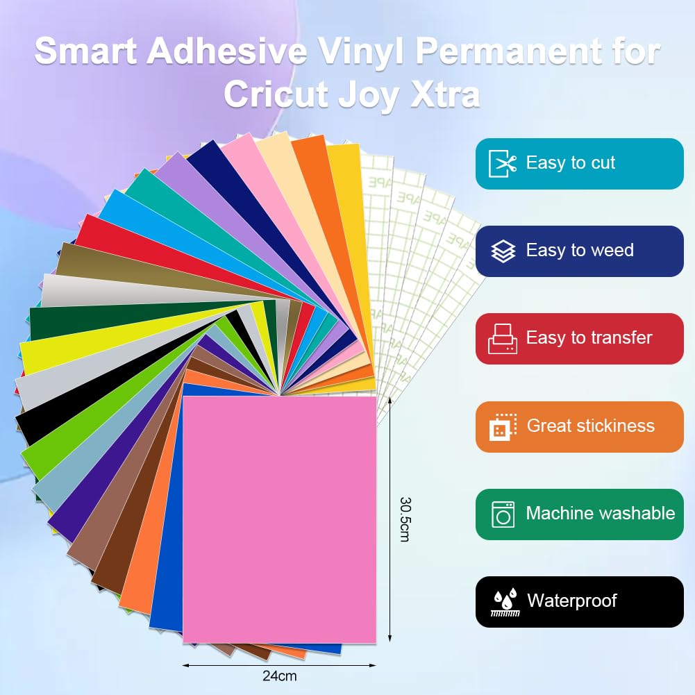 23 colori Smart Adhesive Vinyl Permanent per Cricut Joy Xtra, Smart Vinyl Permanent con 5 pellicole di trasferimento 24x30,5cm autoadesive, pellicole viniliche kit per plotter vinilico per fai da te