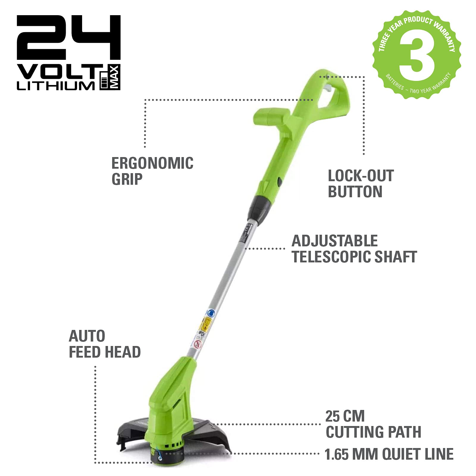 Greenworks Akku-Rasentrimmer 24V 25cm ohne Akku und Ladegerät, 1,65mm Fadendurchmesser, Automatischer Fadenvorschub, Dreh und Neigbarer Motorkopf G24LT