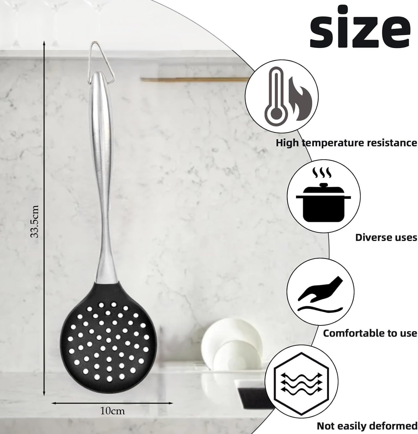 Ramkuwar Silicone Wok Skimmer Baking and Mixing Spatula Premium Slotted Spoon Scoop Strainer Colander BPA Free with Stainless Steel Handle for Non Stick Cookware