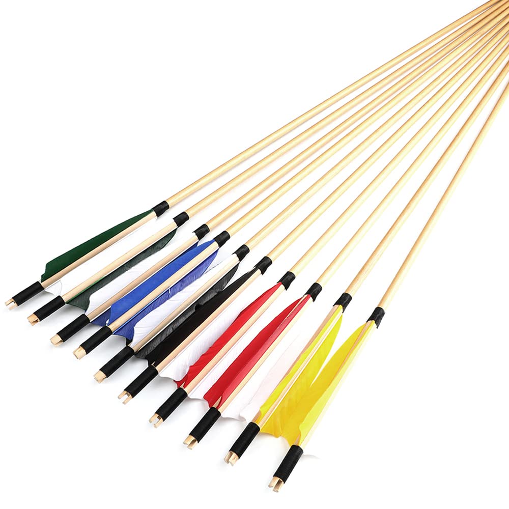 SHARROW Tir à l'arc Flèches de Bois Flèches de Chasse Traditionnelles Arbre de Flèche en Bois avec 5" Plumes Naturelles pour Arc Traditionnel Longbow