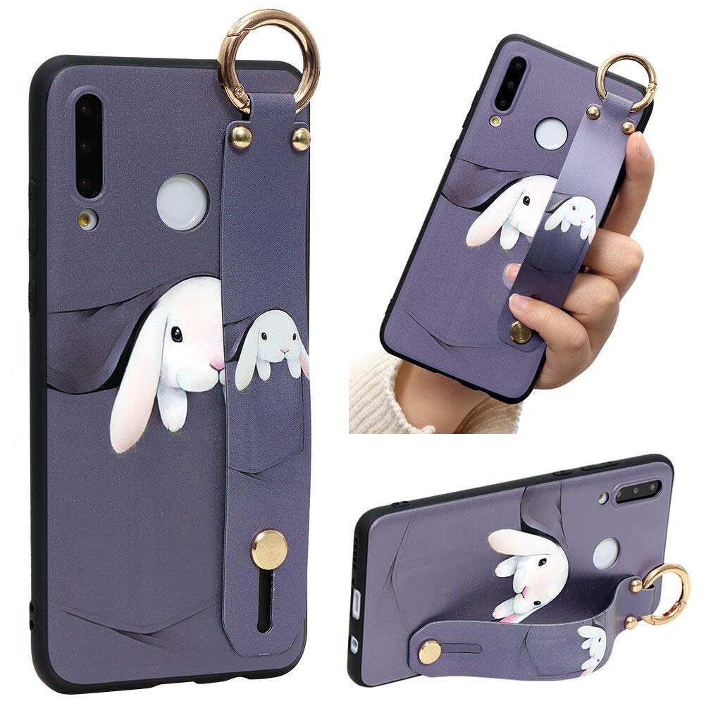 Eouine for Samsung Galaxy A70 Case, Phone Case Silicone Wrist Strap Band with Pattern Ultra Slim Shockproof Soft Cover Wristband Kickstand Skin for Samsung Galaxy A70 Smartphone (Rabbit)