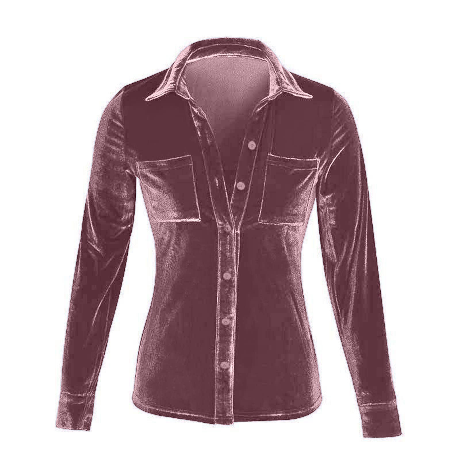 Blusa de terciopelo vintage para mujer, estilo casual, manga larga, con botones, con bolsillos, ropa de primavera
