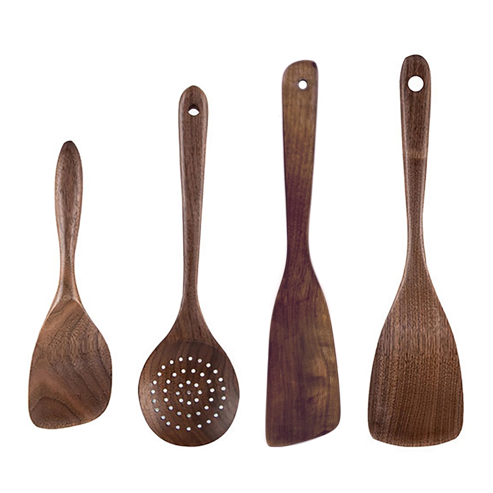 UPTALY 4 pcs Wooden Kitchen Utensils Set (B2), Natural Black Walnut Spoons, Thickened Ladle, Wood Slotted Spatula Turner, Extra Long Mixing Spoon, Scraper