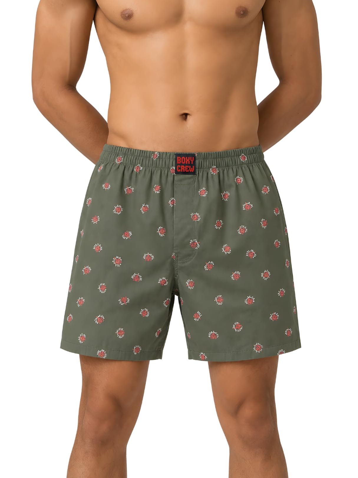 boxy crew Men's 100% Cotton Printed Boxer Shorts with Dual Side Pockets, Fabric-Covered Elastic Waistband and Classic Woven Fit for Lounging, Nightwear & Homewear - Olive, Style MBX026-picture-23