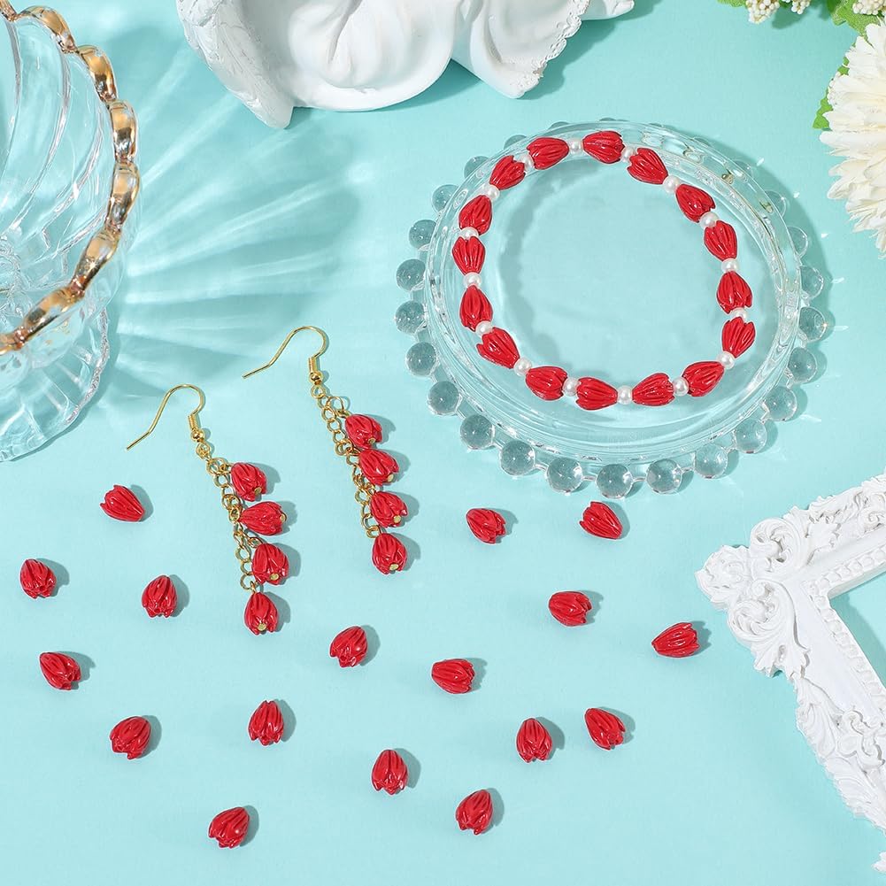 SUNNYCLUE 1 Box 100Pcs Red Flower Bead Coral Rose Beads Bulk Synthetic Artificial 3D Jasmine Carved Dyed Floral Mini Shaped Loose Spacers for Jewelry Making Bracelet Earrings DIY Craft Accessories image 3