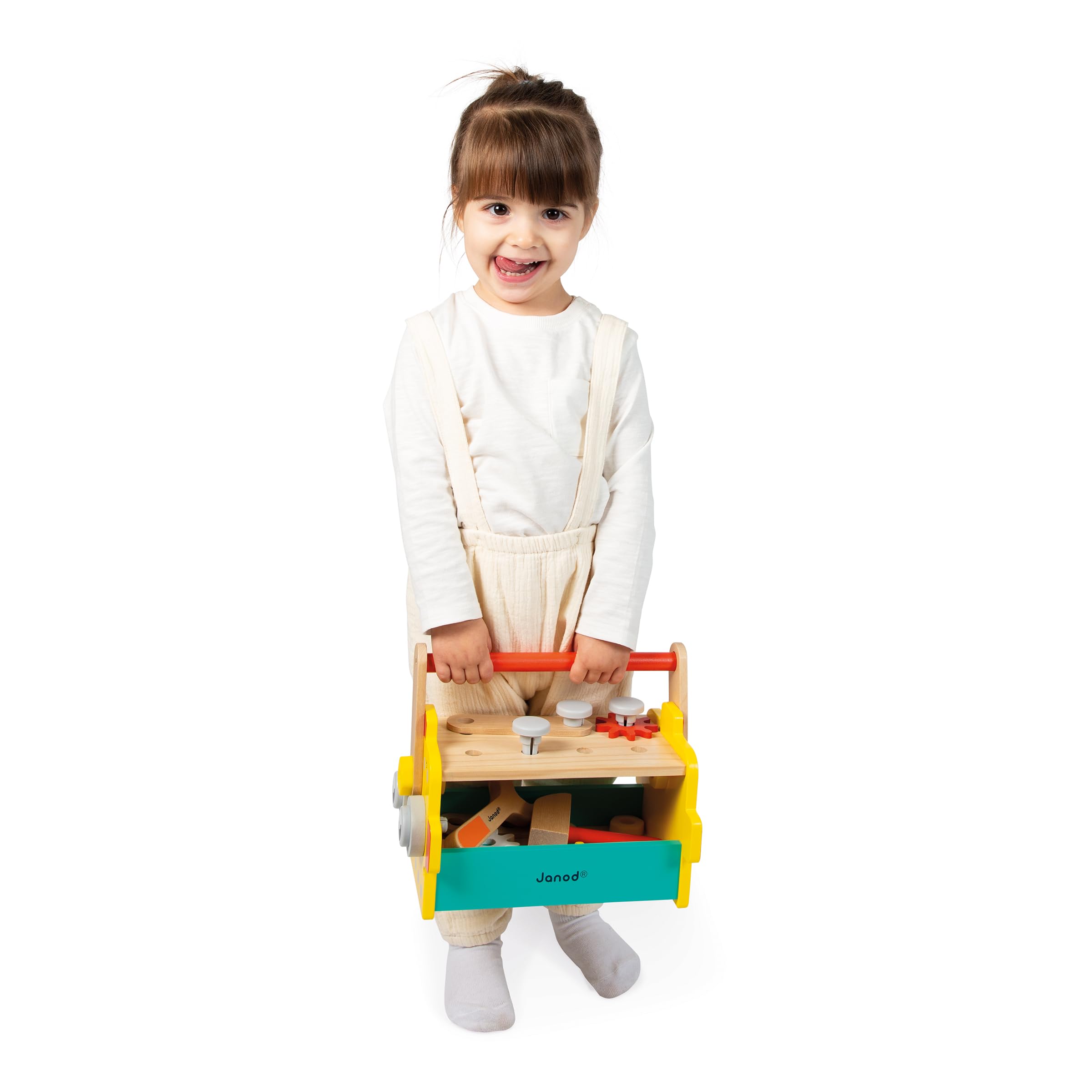 Janod - Mon Premier Jeu de Construction - Caisse à Outils Robot - 30 Accessoires - Imitation - Développe la Motricité Fine - 3 Ans + - J06455