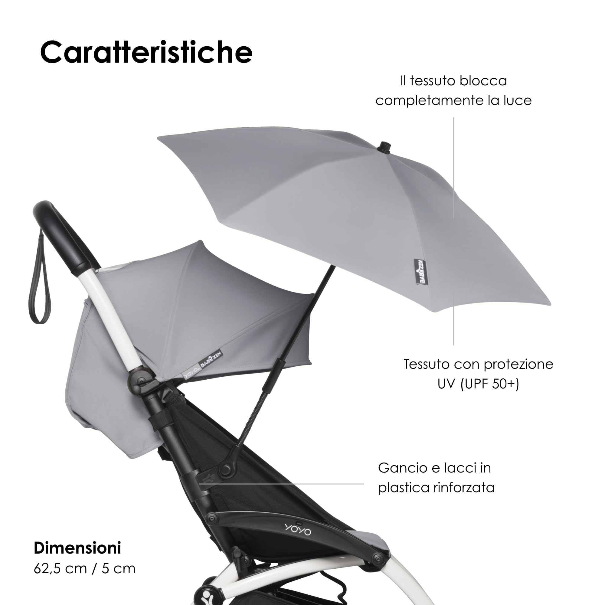 Parasole BABYZEN YOYO, Stone - Protezione UPF 50+ - Compatibile con il kit per neonati 0+, la navicella, il seggiolino per auto & il rivestimento colorato 6+
