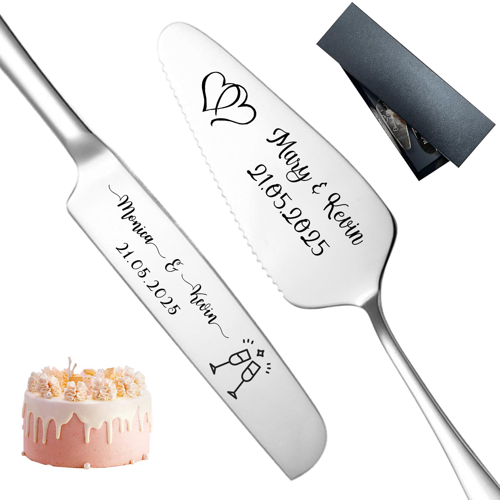 FKF Personalisiert Tortenheber Personalisierts Tortenmesser Gravur Name und Text Tortenschaufel Hochzeit Personalisiert als Geschenk zur Hochzeit Jahrestag Geburtstag (Silbernes Kuchenmesser)