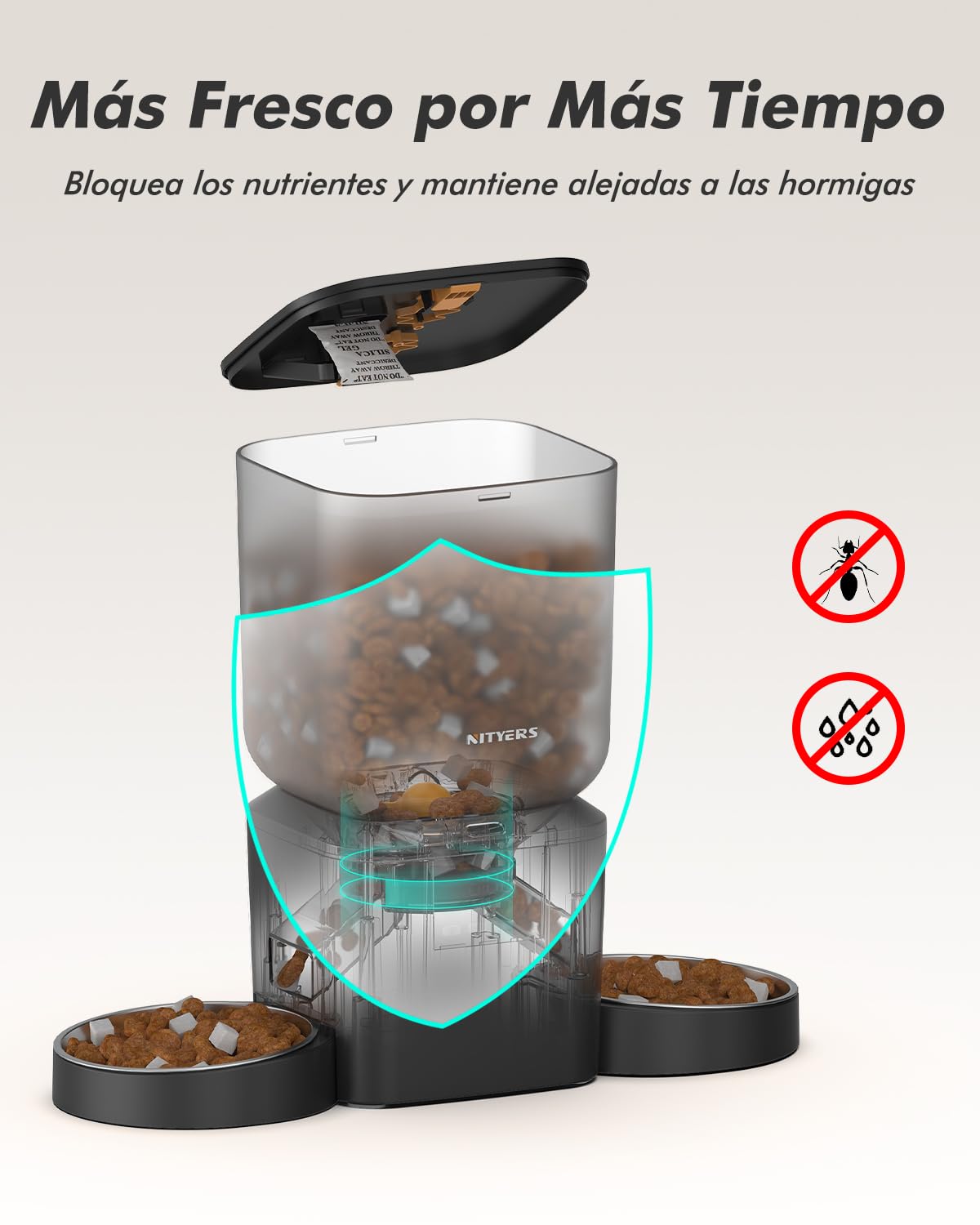 Comedero Gato Automatico 2 Tazones para Gatos y Perros | 8L, 2 Cuencos de Acero Inoxidable, para Pienso Seco 2-18mm, Hasta 50 Porciones y 6 Comidas al Día, Grabación 10s, Fresco