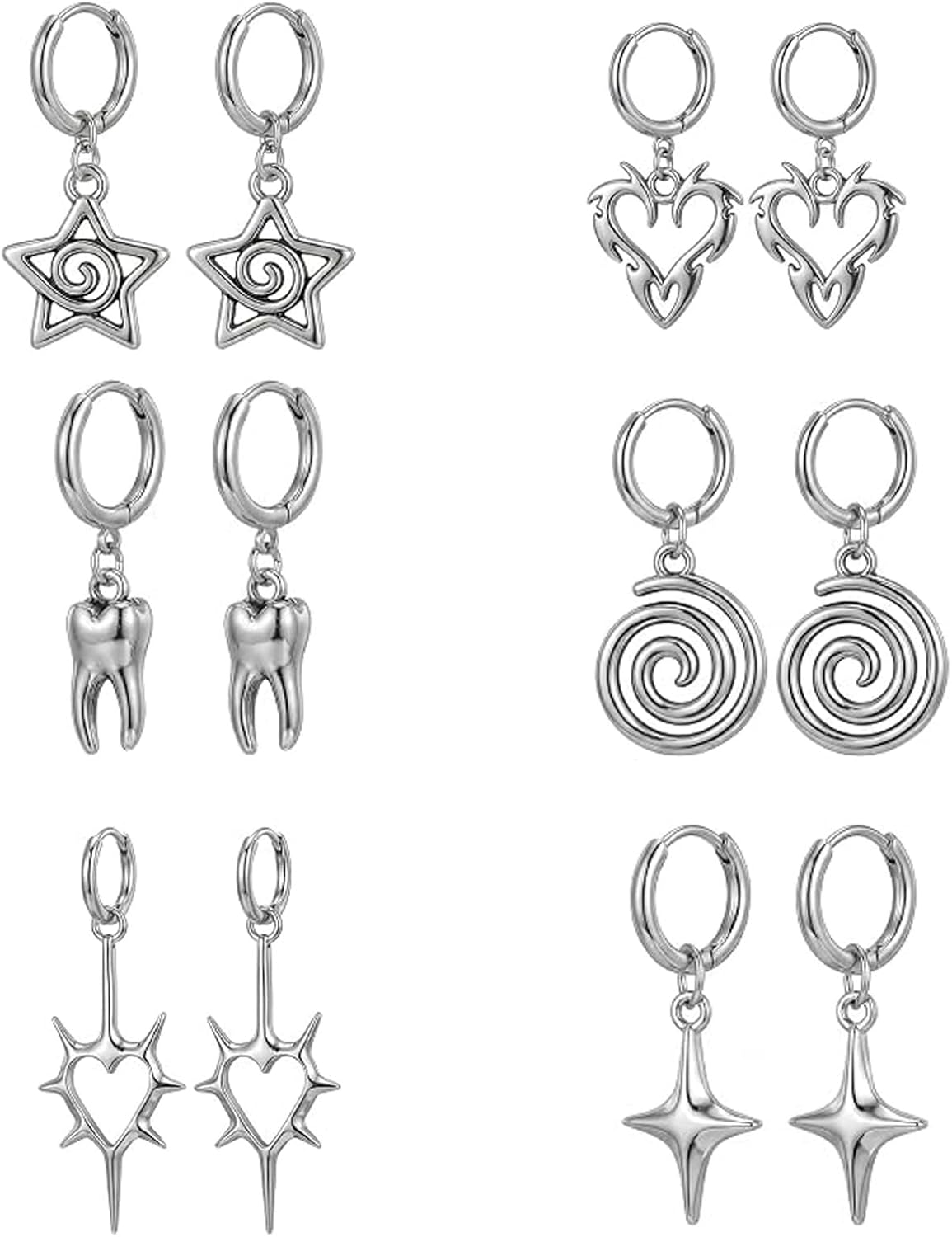 6 Pairs Silver Y2K Goth Earrings for Men and Women, Punk Hoop Set