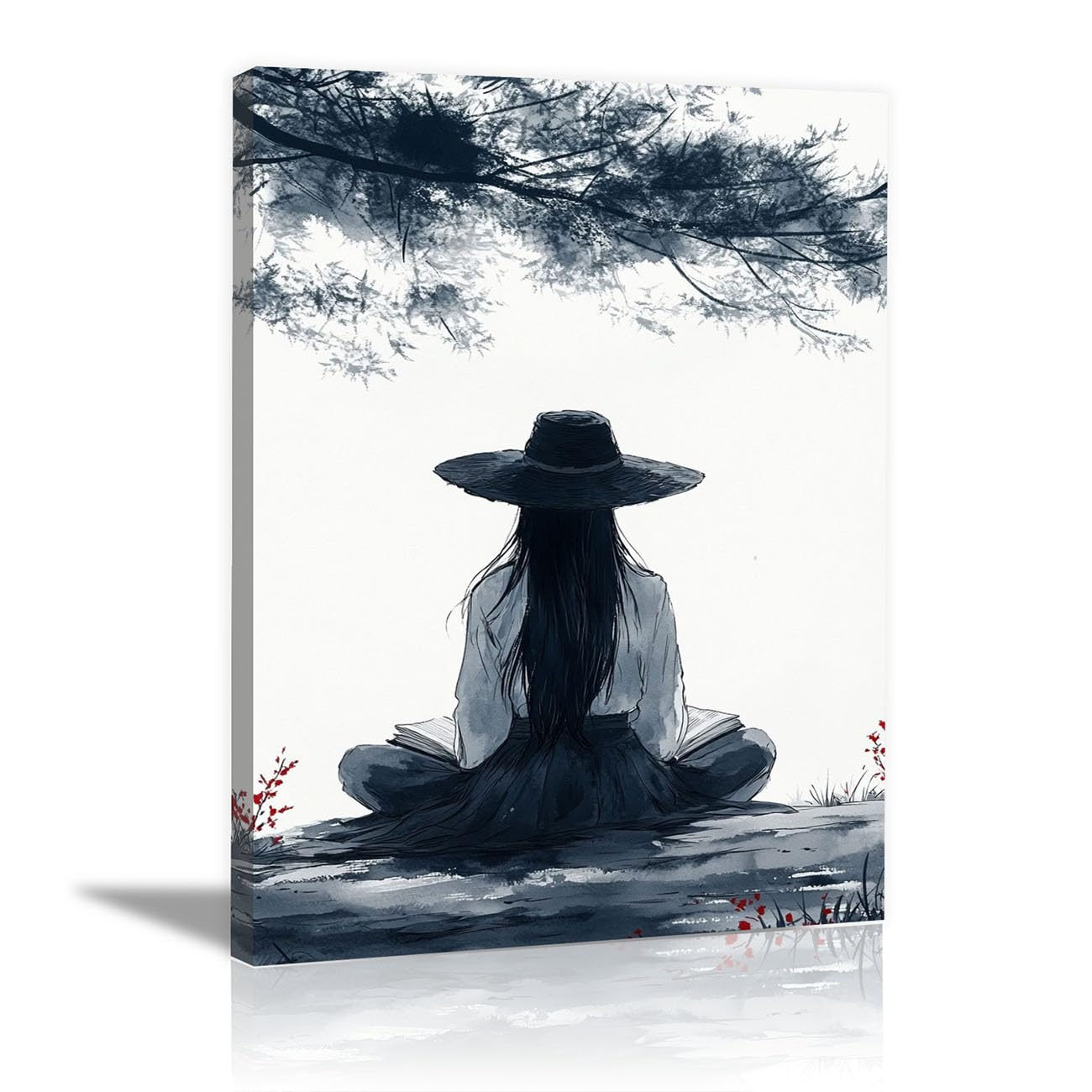 QUSAAOU Fashion Portrait Canvas Wall Art Ink Girl Reading Under Tree For Living Room Bedroom African American Decor For Home Afro Woman Poster And Prints(Navy blue)-80x120cm1 Unframed