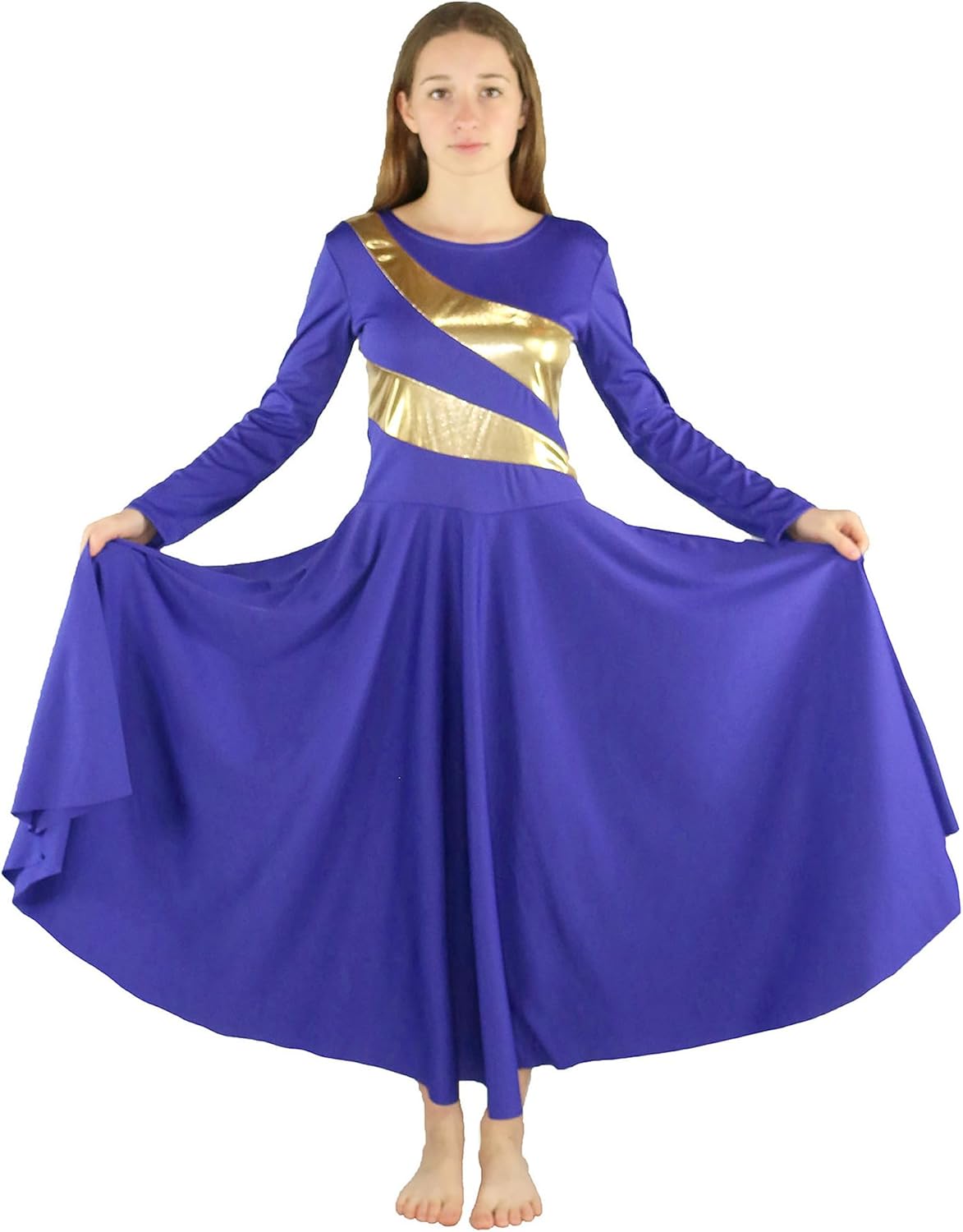 Danzcue Girls Metallic Worship Dance Dress, Metallic Bicolor Full Length Praise Dance Dress - Image 5